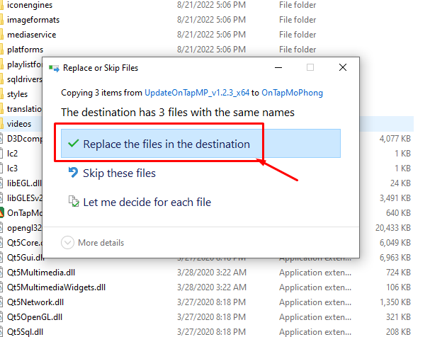 Chọn Replace the files in the destination để thay thế file cũ nhé