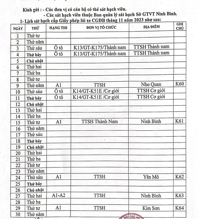 Lịch thi bằng lái xe Ninh Bình 11-2023