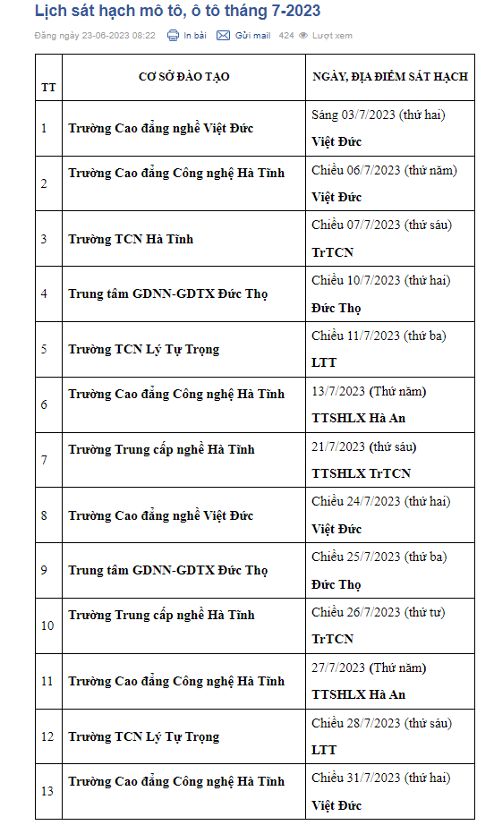 lịch thi bằng lái xe Hà Tĩnh 7/2023