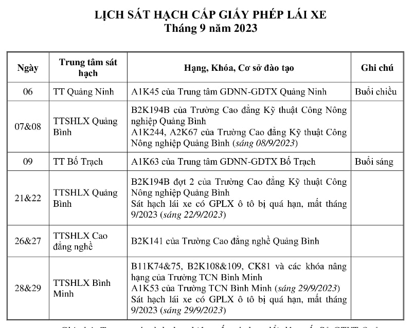 Lịch thi bằng lái xe Quảng Bình 9/2023