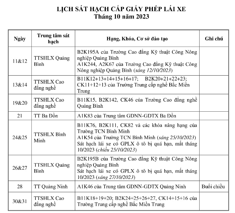 Lịch thi bằng lái xe Quảng Bình 10/2023