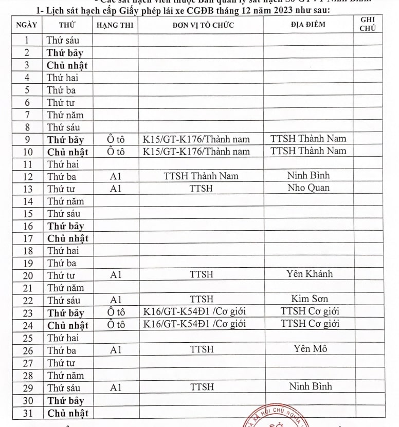 Lịch thi bằng lái xe Ninh Bình 